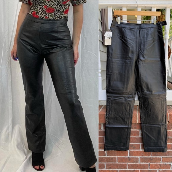 Vintage 90s Clio Black Real Leather Straight Leg Pants Size 12 NWT 31” - Picture 1 of 8